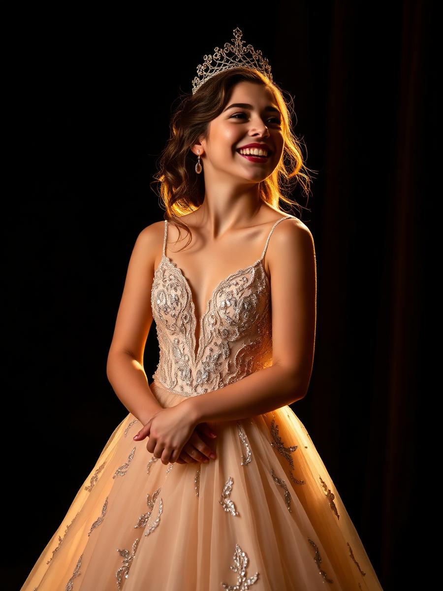 Ana Liz sorrindo com tiara e vestido champagne