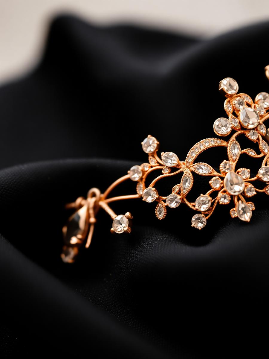 Detalhe da tiara em ouro rosé sobre seda preta