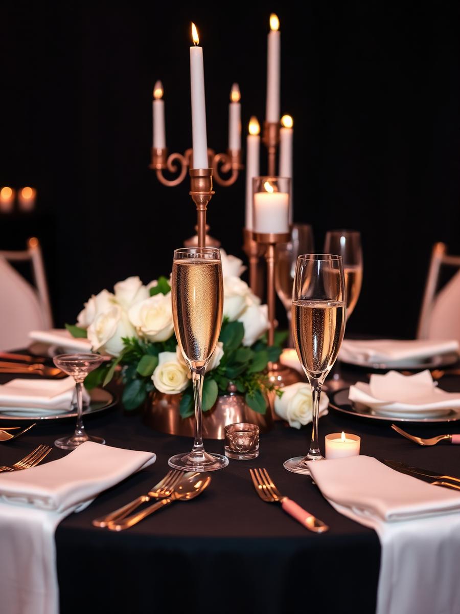 Mesa da festa com taças de champagne e rosas brancas