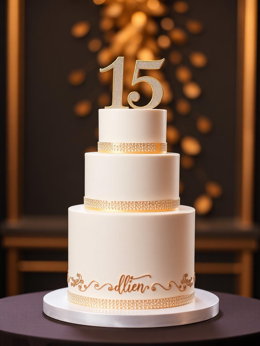 Bolo de três andares com topo dourado número 15